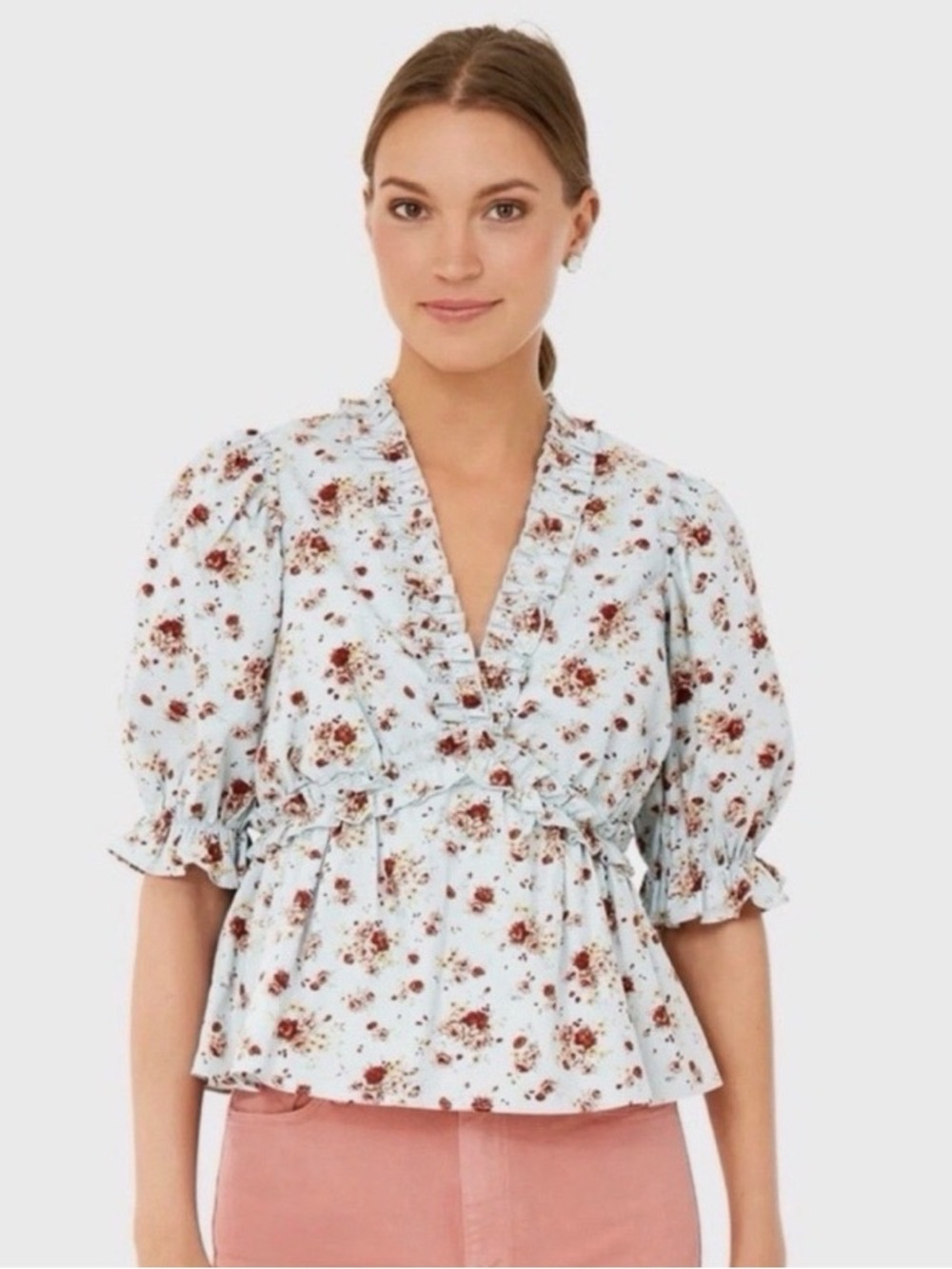 Hyacinth House Light Blue Floral Ruffle V-Neck Peplum Top